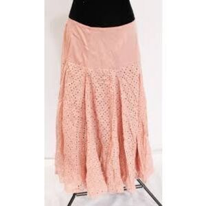 Raga Eyelet Lace Tiered Midi Skirt Blush Pink Bohemian A-Line Billowy Size L NEW